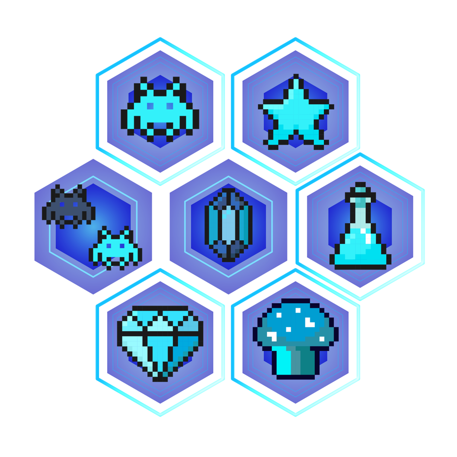 Honeycomb of multiple hexes and icons, the slider shifted by one