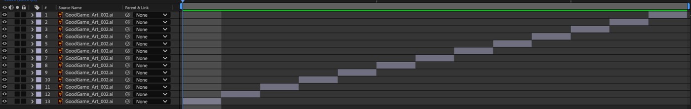 Icon comp: each icon cut to a single frame down the timeline