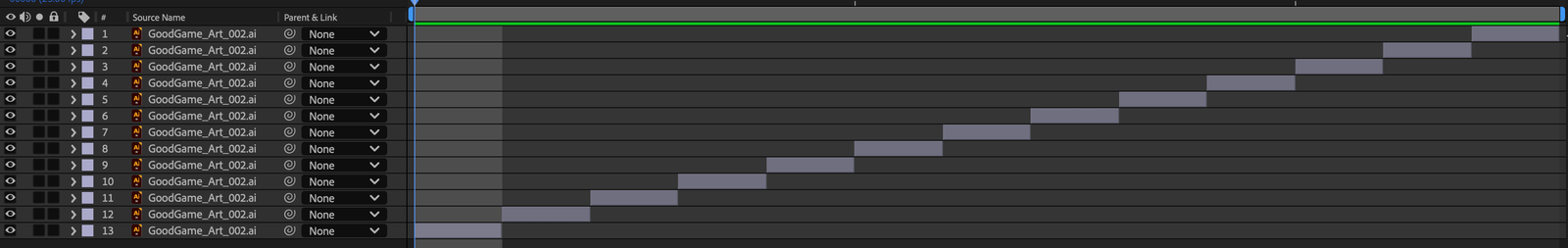 Icon comp: each icon cut to a single frame down the timeline